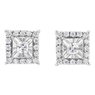 .925 Sterling Silver 1/4 Cttw Princess and Round Cut Diamond Halo Stud Earrings (I-J Color, I2-I3 Clarity) For Sale