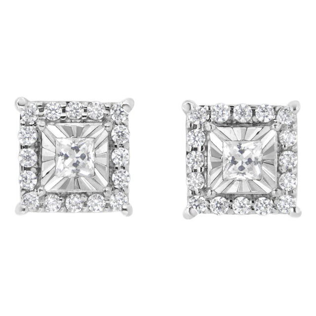 .925 Sterling Silver 1/4 Cttw Princess and Round Cut Diamond Halo Stud Earrings (I-J Color, I2-I3 Clarity) For Sale