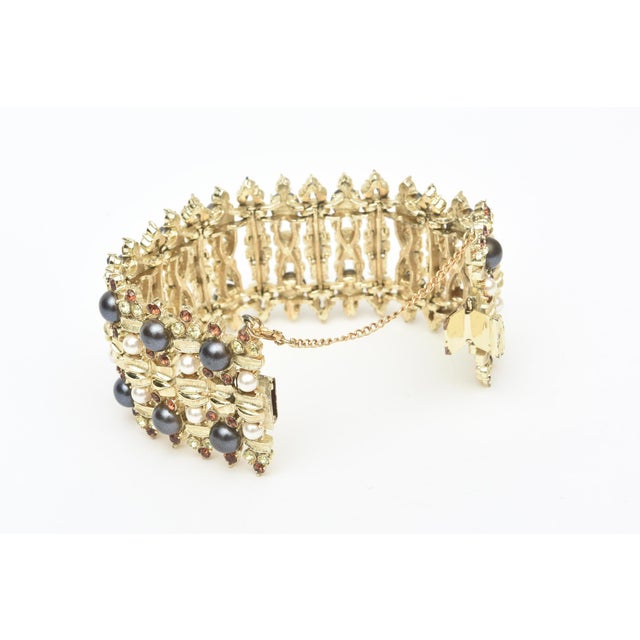 Tiffany and Co. Vintage Signed Francois Gold Plated Cuff Bracelet With Faux Pearls and Amber Rhinestones For Sale - Image 4 of 7