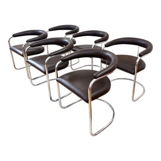Mid 20th Century Vintage Anton Lorenz for Thonet "Ss33" Armchairs in Dark Brown and Chrome - Set of 6 For Sale