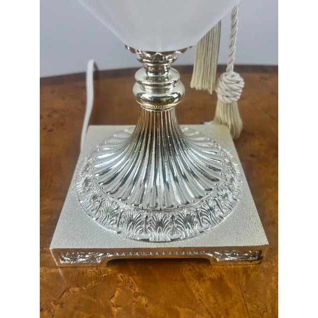 Vintage Neoclassical Style Frosted Glass Urn Table Lamps, Silver Base, a Pair For Sale - Image 10 of 13