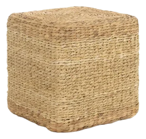 Woven Water Hyacinth Cube Ottoman, Tan