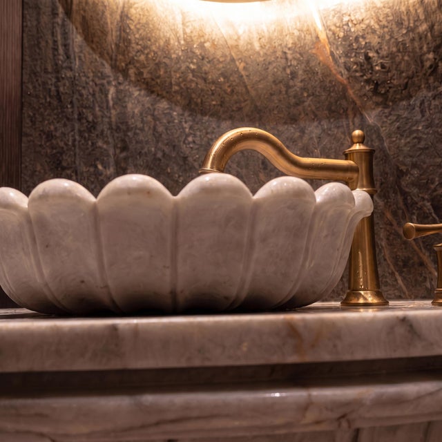Not Yet Made - Made To Order Handmade Blossom White Marble Flower Vessel Sink | Luxury Natural Stone Vanity Bathroom Basin For Sale - Image 5 of 9