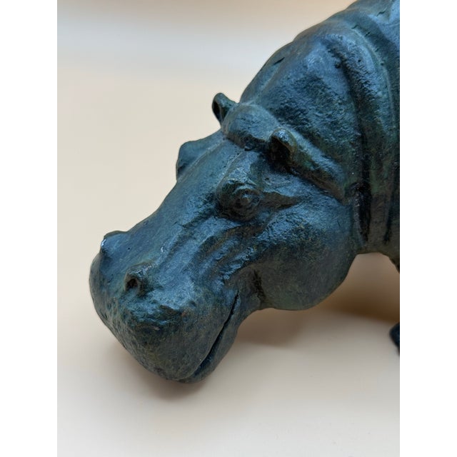 Late 20th Century Solid Cast Iron Hippopotamus Sculpture With Green Patinated For Sale - Image 11 of 11