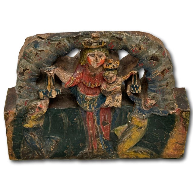 Mid 19th Century Unusual Antique Italian Hand Carved & Painted Wood Madonna & Child Sicilian Donkey Cart Fragment - Weighted for Doorstop For Sale - Image 5 of 18