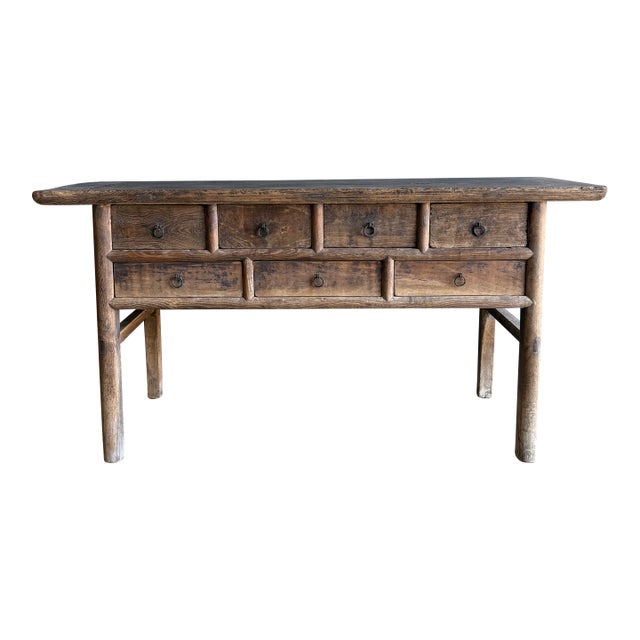 Vintage Elm Wood Console Table With Drawers For Sale