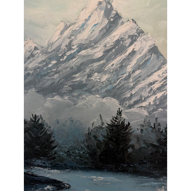 Size 28 X 32 Signed 1977 Original Snowy Alpine River Landscape Acrylic on Canvas in Wood Frame For Sale - Image 4 of 10