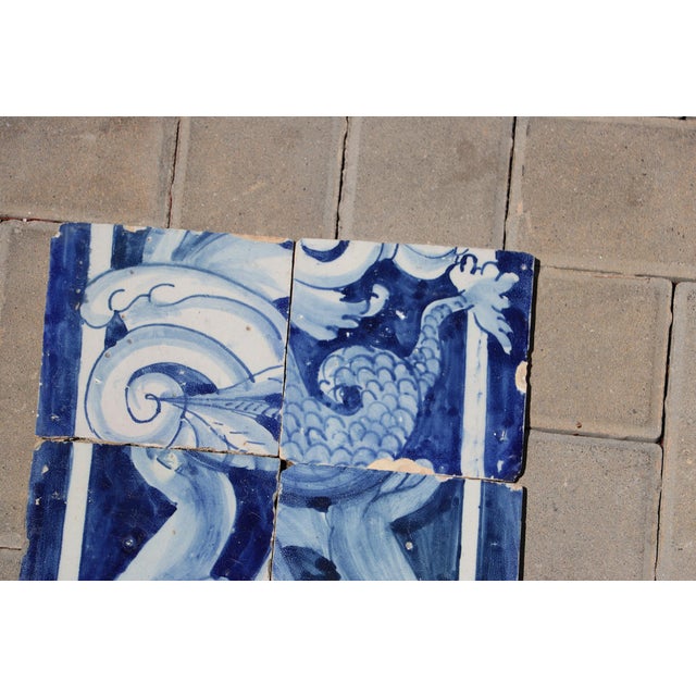 Blue 18th Century Portuguese Baroque Tiles With Mythological Figure Details and Elaborate Cobalt Scrollwork, Set of 6 For Sale - Image 8 of 9