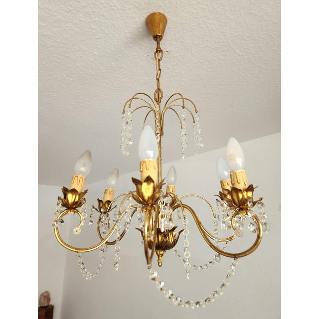 Vintage Hollywood-Regency Gold-Plated Cascade 6-Light Waterfall Chandelier with Crystal Pendants, 1960s For Sale - Image 15 of 18