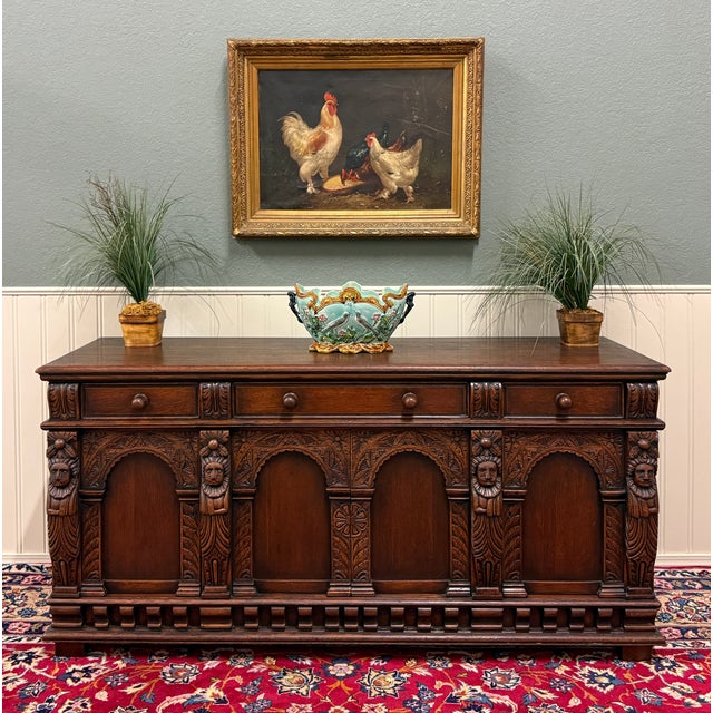 Wood Antique English Renaissance Style Sideboard Server Entry Buffet Oak c.1930-40s For Sale - Image 7 of 18
