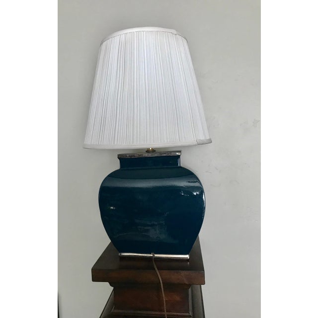 Metal Vintage Asian Turquoise / Gold / Silver Ceramic Bamboo Decoration Table Lamp For Sale - Image 7 of 8