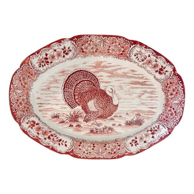 Large Vintage Japanese Red & White Transferware Turkey Platter For Sale