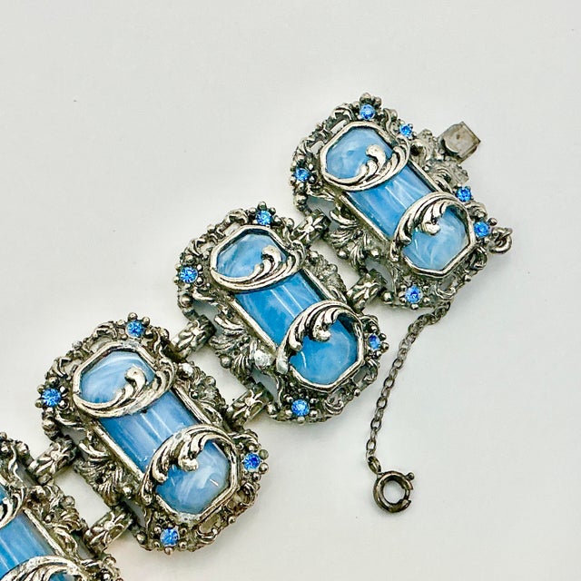 1920s Antique Art Deco Art Nouveau Blue Glass & Silver Tone Clasp Cuff Bracelet, 7” For Sale - Image 10 of 13
