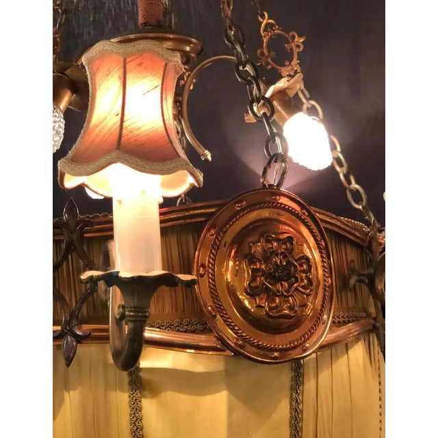 7 Foot High Hollywood Regency Light Fixture in Copper, Brass and Iron with Silk Dome Shade. This fine designer large and...