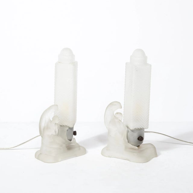 Art Deco Pair of 1930s Art Deco Frosted Glass Table Lamps With Draped Female & Zig Zag Motif For Sale - Image 3 of 12