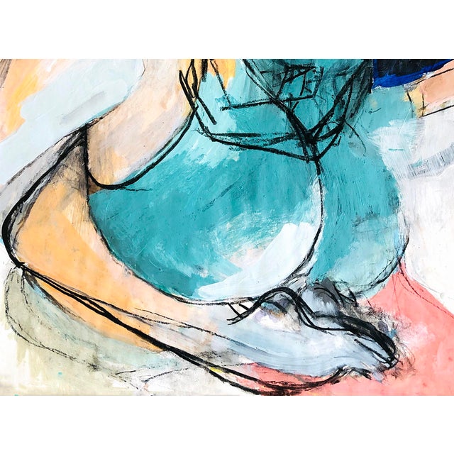 Dynamic Abstract Figurative Turquoise & Flesh Woman / Paint & Charcoal on Paper For Sale - Image 4 of 4