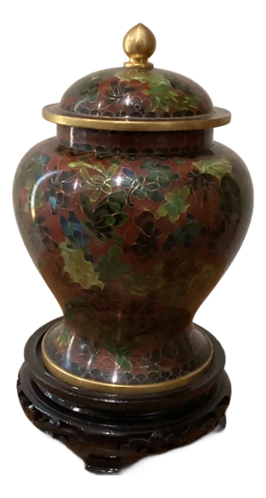 Vintage Brass Gold Enamel Chinese Cloisonné Lidded Ginger Jar on Wood Base Floral Motif