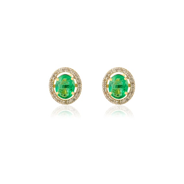 Not Yet Made - Made To Order Vibrant Green Emerald Halo Diamond Stud Earrings for Mom in 14k Gold- A Pair For Sale - Image 5 of 9