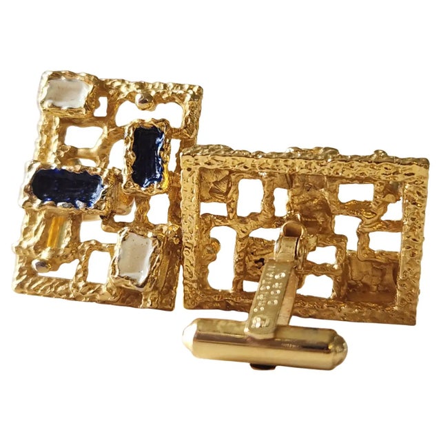 Mid-Century Modern 1970s Brutalist Christian Dior Gold Tone Enamel Stone Cufflinks For Sale - Image 3 of 11