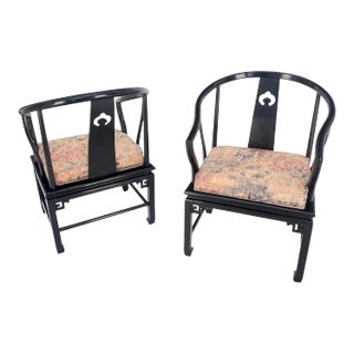 Pair of Asian Modern Black Lacquer Barrel Horse Shoe Back Lounge Chairs For Sale