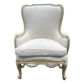 Large 19th Century Louis XVI Stripped Bleached Carved Upholstered Arm Chair For Sale