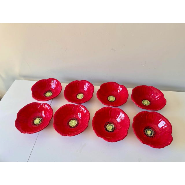 Late 20th Century Red Poppy Flower Hand Painted Salad Bowls Set: 8 Piece For Sale - Image 4 of 7