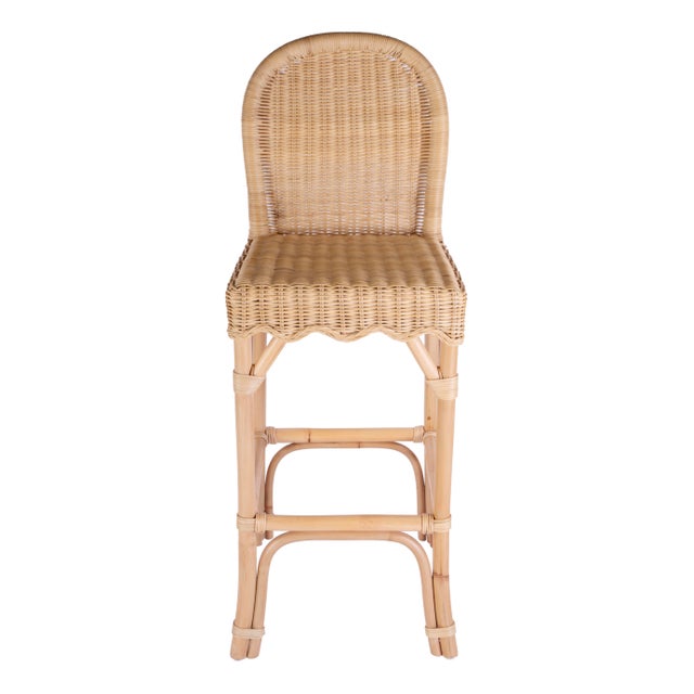 Spritely Home Accent Furniture Flora 30 in. Seat Height Rattan Scalloped Edge Bar Stool with Back, Natural Rattan For Sale - Image 4 of 9
