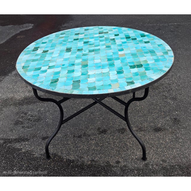 48" Handcrafted All Emerald Moroccan Mosaic Table, Fish Scale Style For Sale - Image 4 of 7