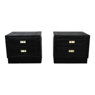 Late 20th Century Modern Campaign Style Black Espresso Dyed Leather Covered End Tables Nightstands or Cabinets a Pair For Sale