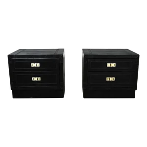 Late 20th Century Modern Campaign Style Black Espresso Dyed Leather Covered End Tables Nightstands or Cabinets a Pair