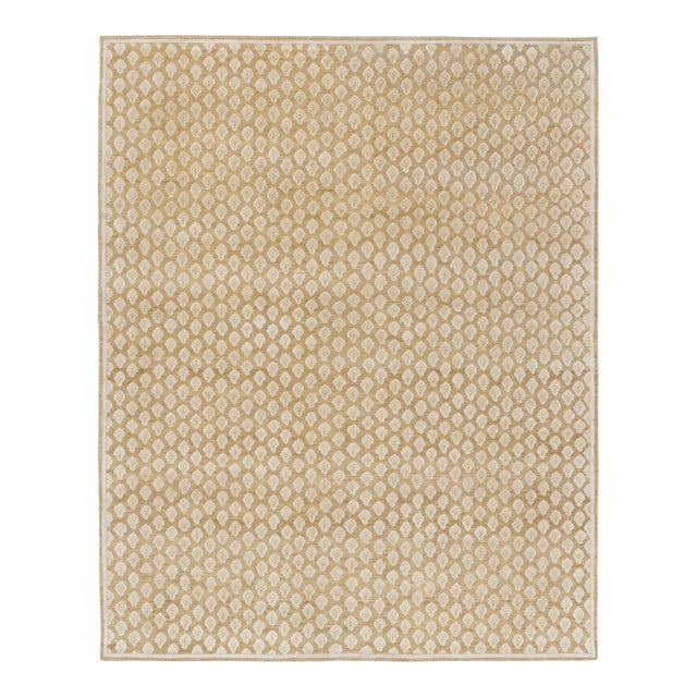 Rug & Kilim’s Modern Block Print Rug in Gold with Cream Floral Pattern - 9x12 For Sale