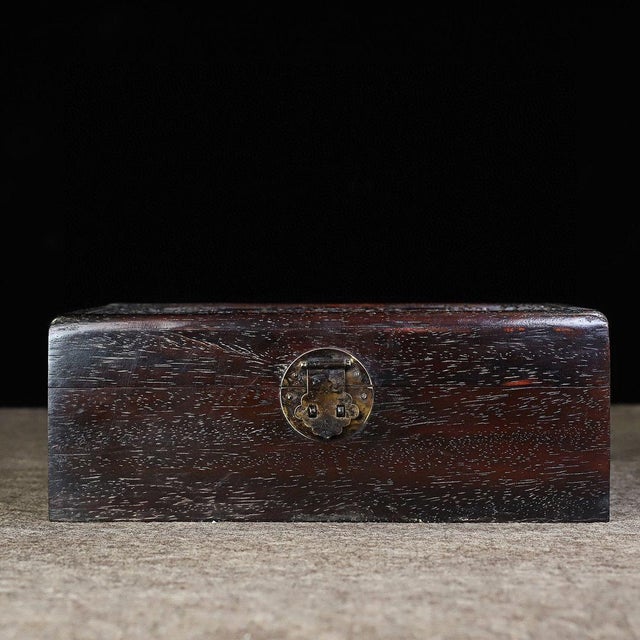 Brown Dark Hardwood Relief-Carved Box, Bat, Double Coin & Peach Motifs, "Fu Shou Ru Yi" Treasure Chest For Sale - Image 8 of 9