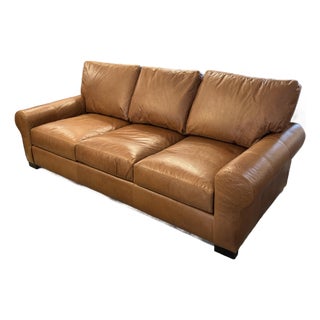 Pottery Barn Turner Roll Arm Leather Sofa, Caramel For Sale