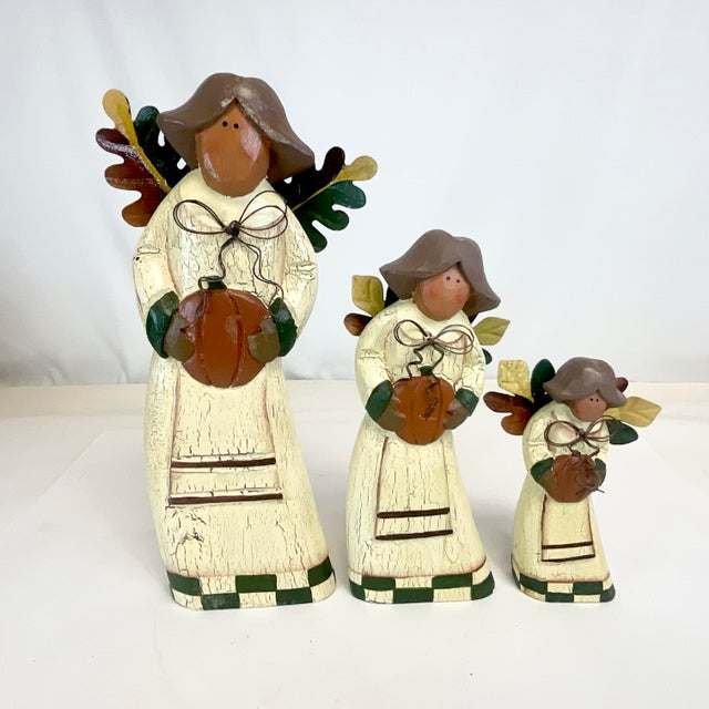 1980s 1980s Vintage Americana Fall Harvest Wood & Tole Angel Figurines - Set of 3, Thanksgiving. For Sale - Image 5 of 8