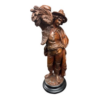 Mid 20th Century Victorian Style Figural Plaster 26” Statue Sculpture Wheat Harvester For Sale