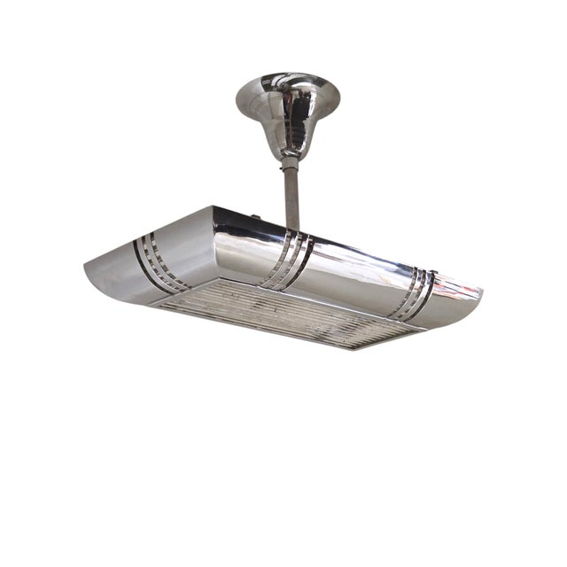 Mid 20th Century French Modernist Art Deco Billiard Chandelier Highly Polished Nickel & GlassRods For Sale - Image 17 of 18