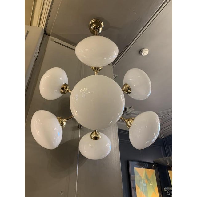 Sputnik Chandelier in Golden Brass with 8 Opaline Glass Ball Globes, 1970s For Sale - Image 11 of 12