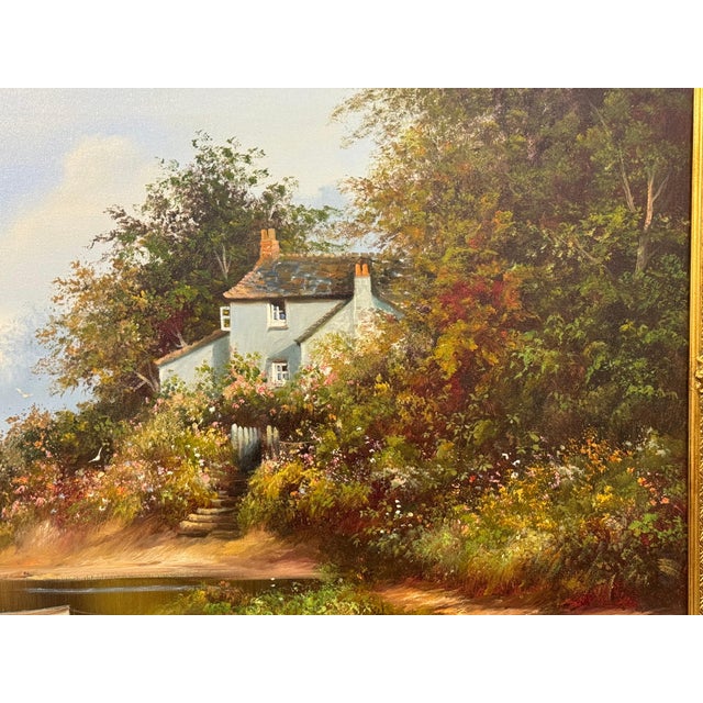 Realism Three Children and Dog in a Rowing Boat at a Farmhouse Flower Garden in England 1980 Circa For Sale - Image 3 of 17