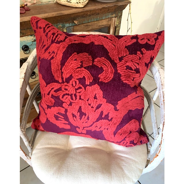Pottery Barn Discontinued Pottery Barn Natalia Damask Chenille Red Pillow Covers 22x22 For Sale - Image 4 of 12