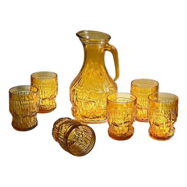 Italian Brutalist Carafe and Glasses from Empoli, 1970s, Set of 7 For Sale