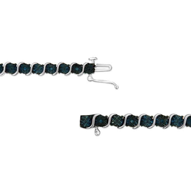 Contemporary .925 Sterling Silver 1/10 Cttw Miracle-Set Treated Blue Color Diamond Miracle Plate "S" Link Tennis Bracelet - 7.25" For Sale - Image 3 of 7