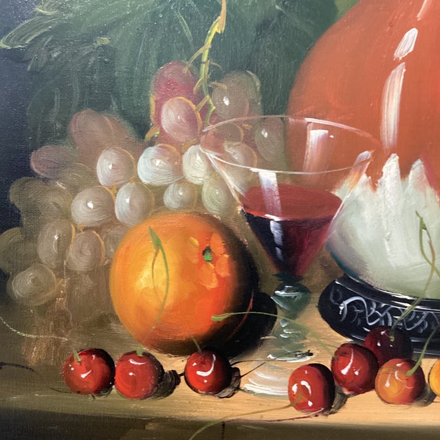 Realistic Painting on Canvas Still Life Fruit and Pottery Composition by Frank Lean Framed Circa 1960s For Sale - Image 10 of 12
