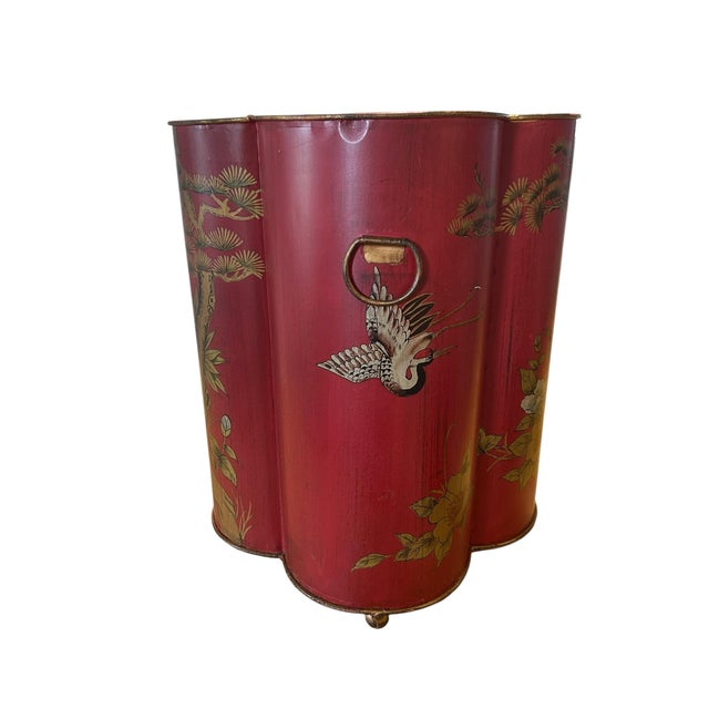 1940s Vintage Red Chinoiserie Wastebin For Sale - Image 5 of 11