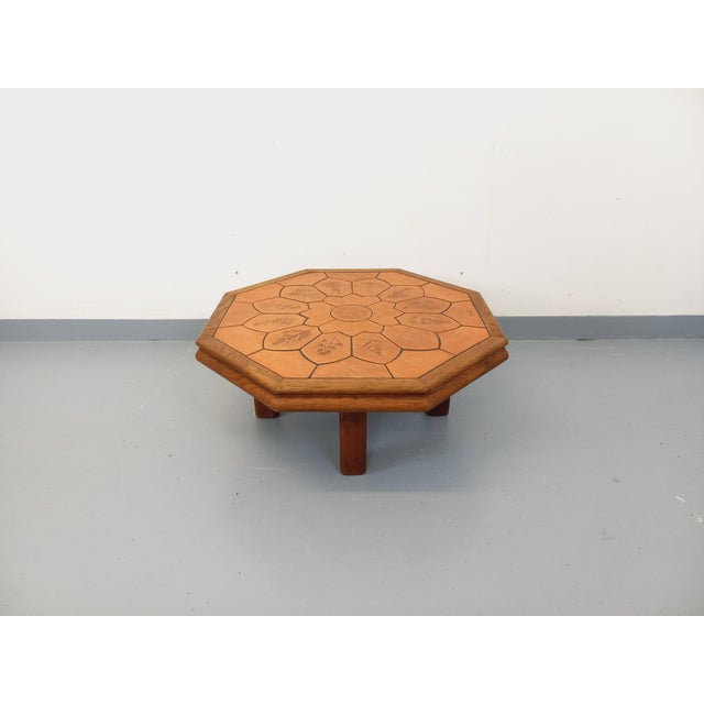 Octagonal Oak Coffee Table from Barrois with Vallauris Ceramic Herbarium Top, 1960s For Sale - Image 6 of 17