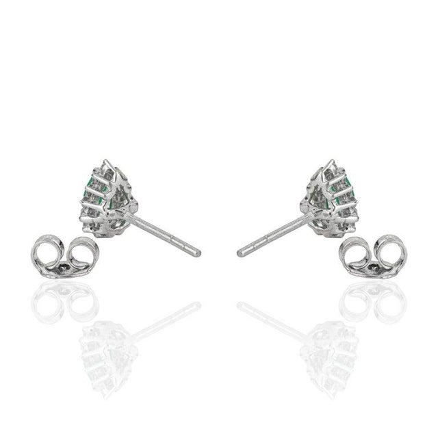 Contemporary Vintage Style Pear Cut Emerald Diamond Halo Studs in Sterling Silver, a Pair For Sale - Image 3 of 13