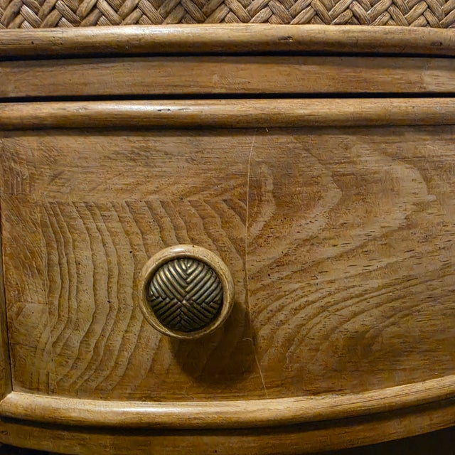 Braxton Culler 1990s Braxton Culler Coastal Demilune 3 Drawer Chest - Woven Rattan Reed & Oak - Carved Melon Feet - 36" W For Sale - Image 4 of 17