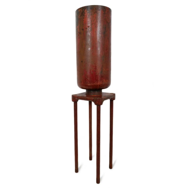 Industrial red vintage iron power plant heat conductor. Top hollow container lifts off of solid table base. Each is unique...