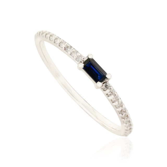 14k Gold Natural Baguette Blue Sapphire Diamond Stacking Thin Band Ring Size 6 For Sale - Image 4 of 16