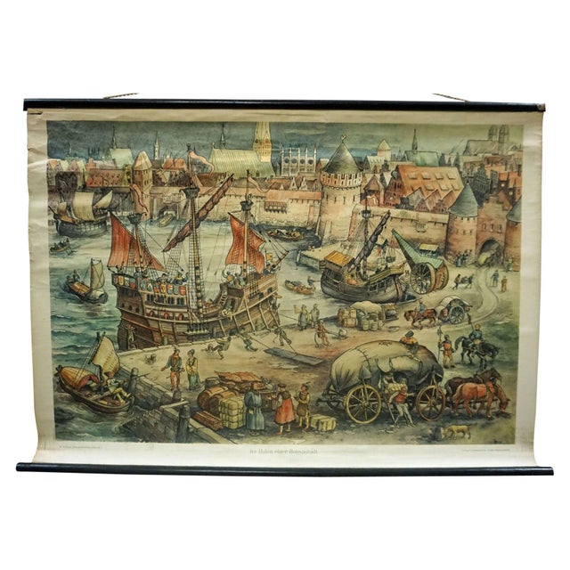 Light Yellow Vintage Harbour of a Trade City Port Rollable Wall Chart For Sale - Image 8 of 8