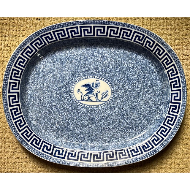 Antique 19th Century English Regency Pearlware Blue & White Transferware Platter With Sphinx and Greek Key Decoration For Sale - Image 4 of 6